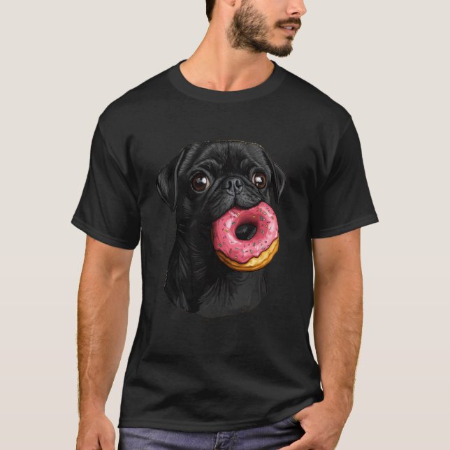 Cute Black Pug Eating Doughnut T-Shirt (Front)