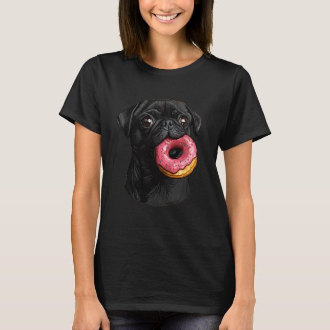 Cute Black Pug Eating Doughnut T-Shirt (Front)
