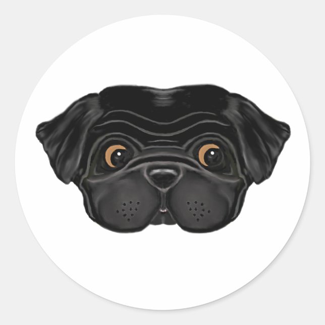 Cute Black Pug Face Classic Round Sticker (Front)