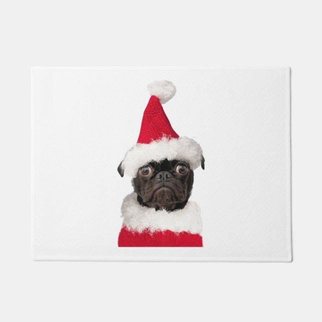 Cute Black Pug in Christmas Santa Hat   Doormat (Front)