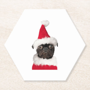 Cute Black Pug in Christmas Santa Hat   Paper Coaster