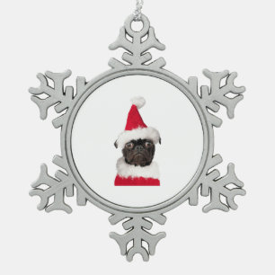 Cute Black Pug in Christmas Santa Hat Snowflake Pewter Christmas Ornament
