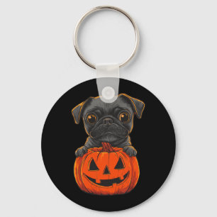 Cute Black Pug Jack O Lantern Pumpkin Halloween Key Ring