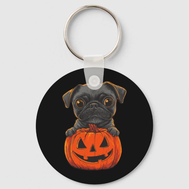 Cute Black Pug Jack O Lantern Pumpkin Halloween Key Ring (Front)