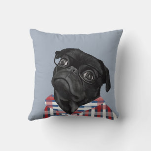 Cute Black Pug With Glasses and Shirt Cushion