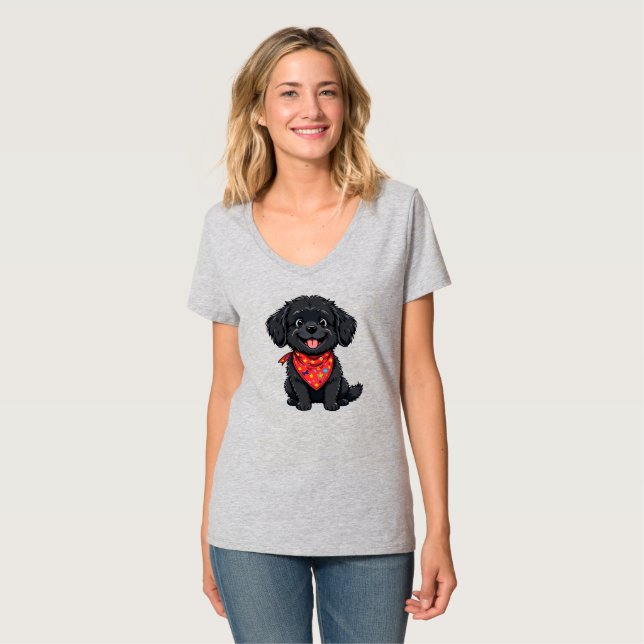 Cute Black Puppy Wearing a Red Bandanna T-Shirt (Front Full)