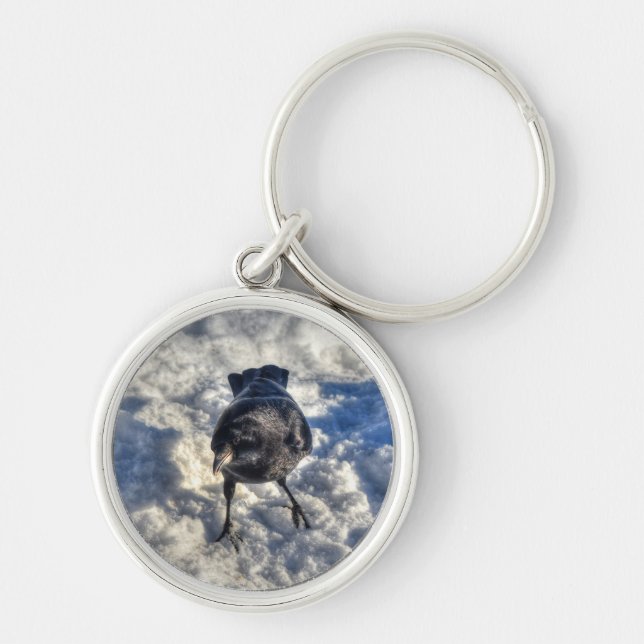 Cute Black Raven in the Snow Photo Key Ring (Front)