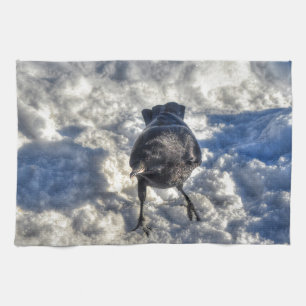 Cute Black Raven in the Snow Photo Tea Towel