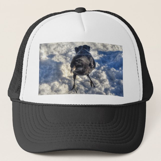 Cute Black Raven in the Snow Photo Trucker Hat (Front)