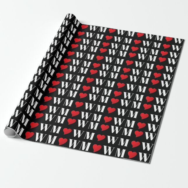 Cute black red heart custom couple initials modern wrapping paper (Unrolled)