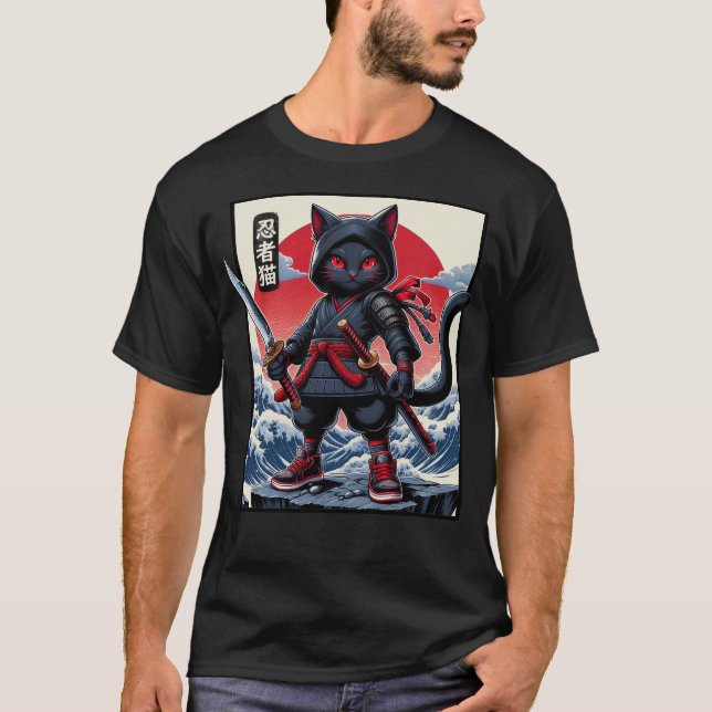 Cute Black Samurai Cat T-Shirt (Front)