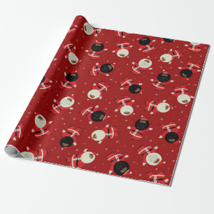 Cute Black Santa Party Pattern on Red Background Wrapping Paper
