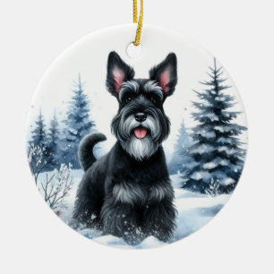 Cute Black Schnauzer Scenic Winter Christmas Ceramic Tree Decoration