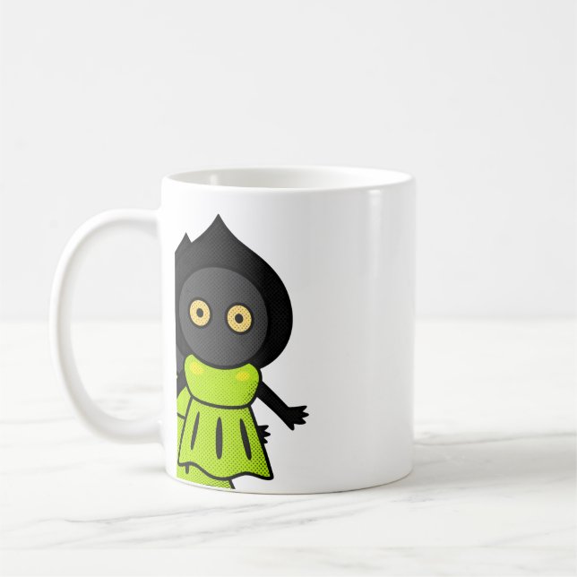 Cute Black Shadow Creature Green Dress Coffee Mug (Left)