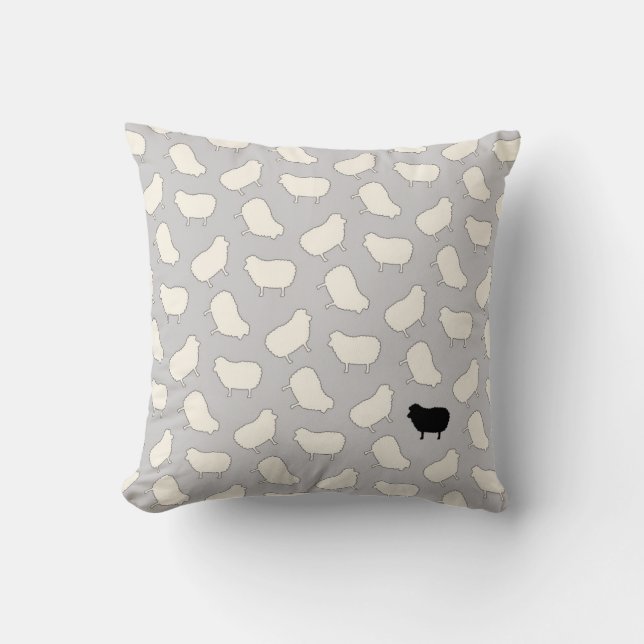 Cute Black Sheep Pattern in Cream on Grey Cushion (Front)