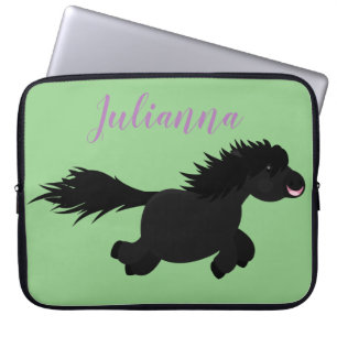 Cute black shetland pony cartoon illustration laptop sleeve