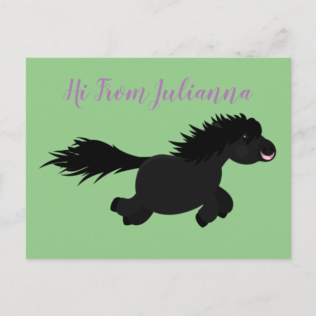 Cute black shetland pony cartoon illustration postcard (Front)
