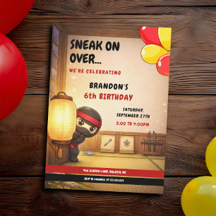 Cute Black Sneaky Ninja Lantern Dojo Kids Birthday Invitation
