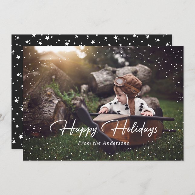 Cute Black Snow Stars Photo Holiday Card (Front/Back)