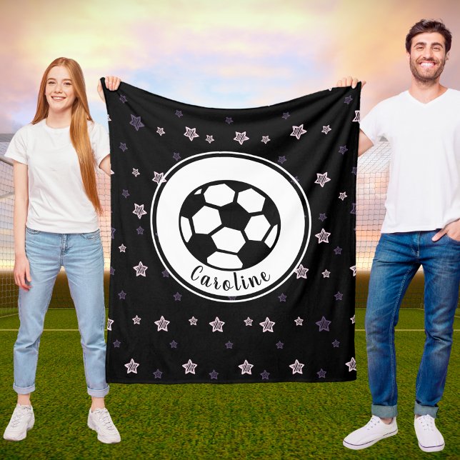 Cute Black Soccer Stars Pattern Girl Personalised Fleece Blanket (Creator Uploaded)