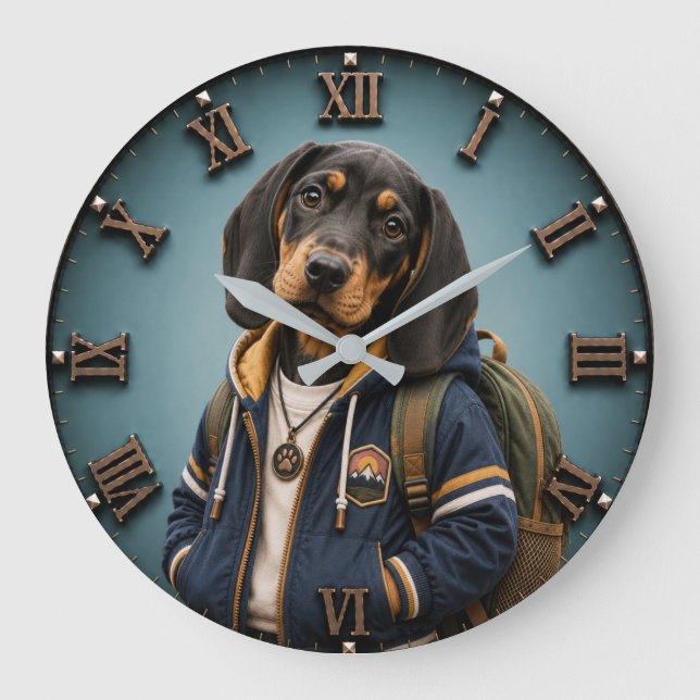 Cute Black & Tan Coonhound Puppy Large Clock (Front)