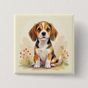 Cute Black Tan & White Tricolor Beagle Puppy 15 Cm Square Badge