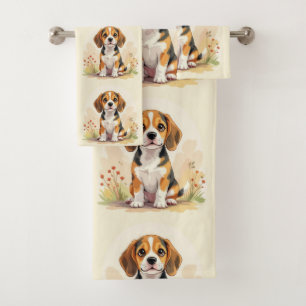 Cute Black Tan & White Tricolor Beagle Puppy Bath Towel Set