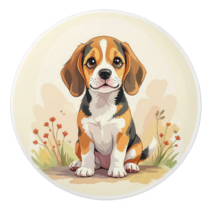 Cute Black Tan & White Tricolor Beagle Puppy Ceramic Knob