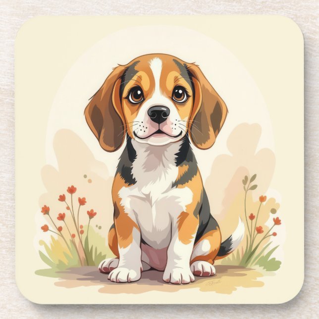 Cute Black Tan & White Tricolor Beagle Puppy Coaster (Front)