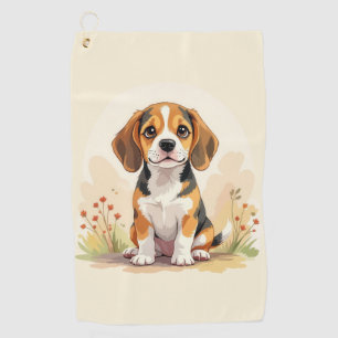 Cute Black Tan & White Tricolor Beagle Puppy Golf Towel