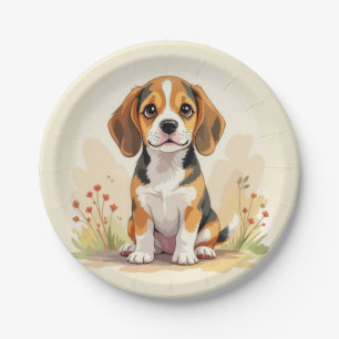 Cute Black Tan & White Tricolor Beagle Puppy Paper Plate