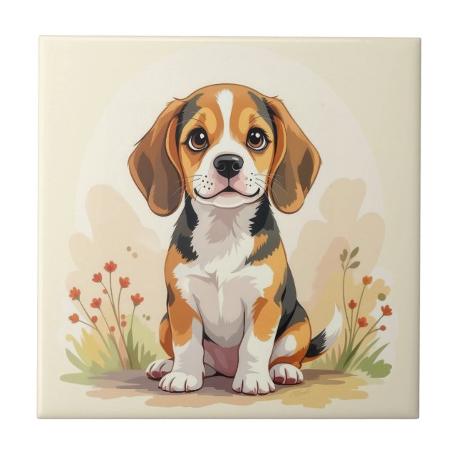 Cute Black Tan & White Tricolor Beagle Puppy Tile (Front)