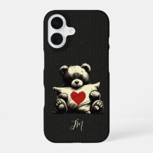 Cute Black Teddy Bear Hug Pillow Heart Monogram  iPhone 16 Case