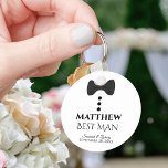 Cute Black Tie Tuxedo Best Man Wedding Favour Key Ring<br><div class="desc">This fun keychain is designed as a gift for your Best Man. Features a cute mock tuxedo design with a black bow tie and buttons on a white background. The text reads "Best Man" and has a place for his name along with the names of the wedding couple and the...</div>