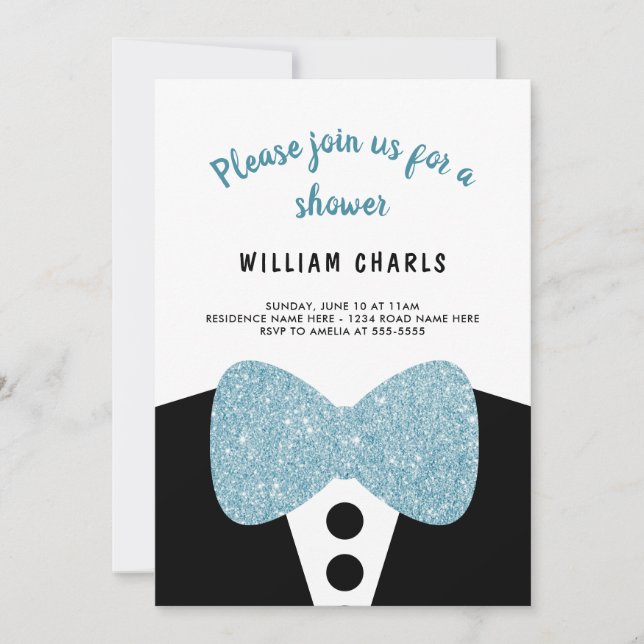 Cute Black Tuxedo Blue Glitter Bow Tie Baby Shower Invitation (Front)