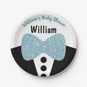 Cute Black Tuxedo Blue Glitter Bow Tie Baby Shower Paper Plate