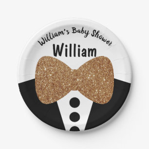 Cute Black Tuxedo Gold Glitter Bow Tie Baby Shower Paper Plate