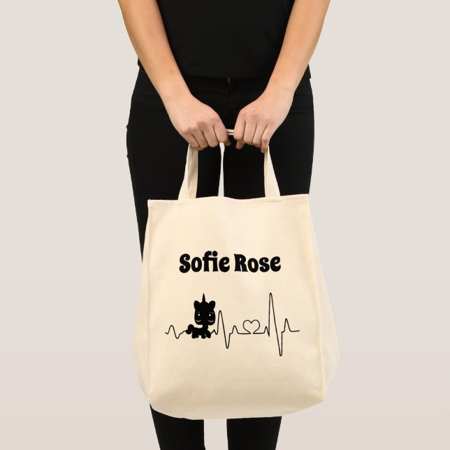 Cute Black Unicorn Heartbeats Initialised Tote Bag (Front (Product))