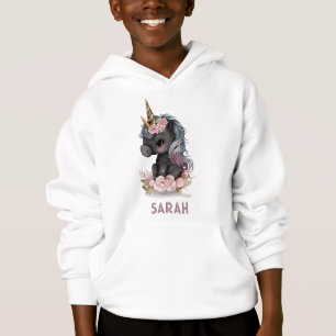 Cute Black Unicorn with Flowers Watercolor Unicorn