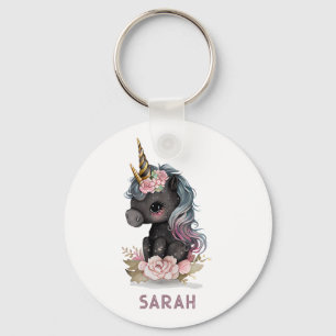 Cute Black Unicorn with Flowers Watercolor Unicorn Key Ring