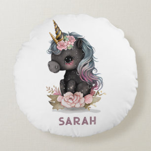 Cute Black Unicorn with Flowers Watercolor Unicorn Round Cushion
