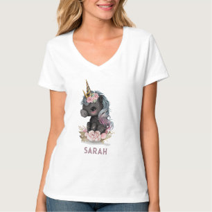 Cute Black Unicorn with Flowers Watercolor Unicorn T-Shirt