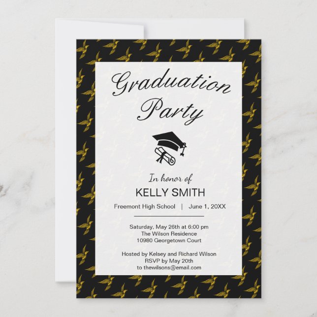 Cute black vintage gold eagle graduation party invitation (Front)