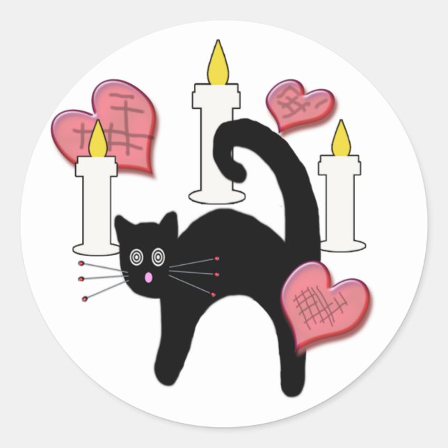 Cute Black Voodoo Cat Love Charm Classic Round Sticker (Front)