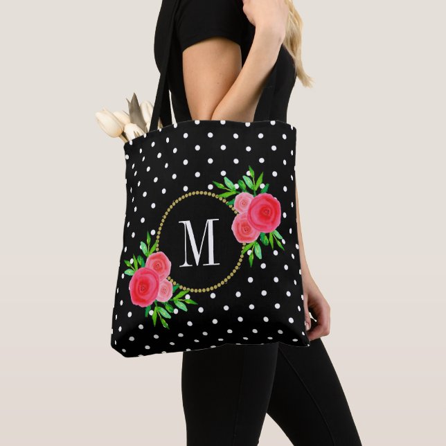 Cute Black Watercolor Red Flowers Dots Monogram Tote Bag (Close Up)