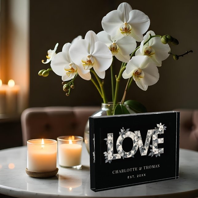 Cute Black White and Grey Shades Floral LOVE Word Photo Block (Cute Black & White and Grey Shades Floral LOVE Word Photo Block on Black Background – Perfect Gift.)