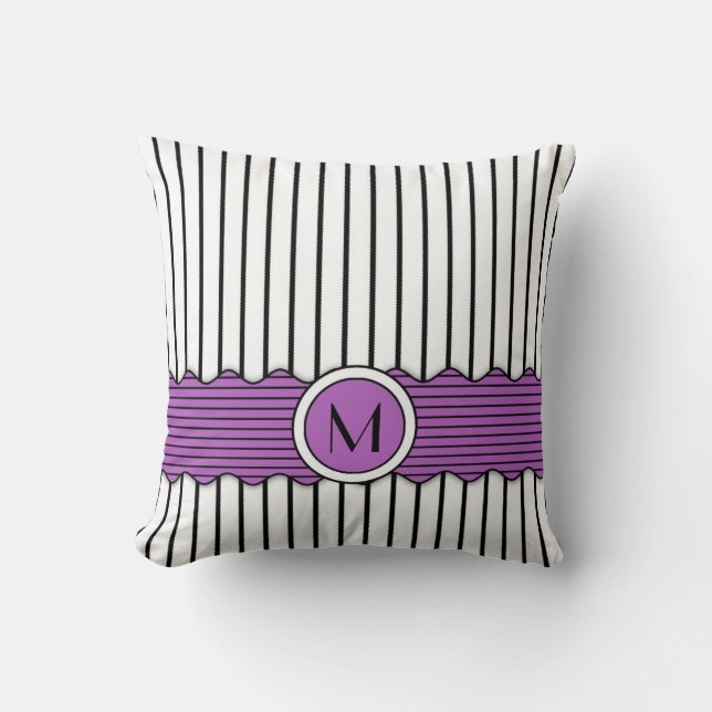 Cute Black White and Purple Stripe Monogram Design Cushion (Front)