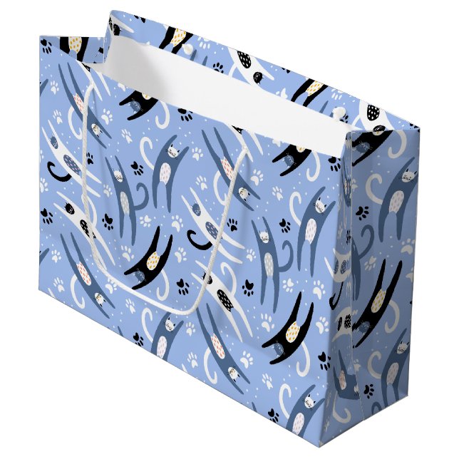Cute Black White Blue Cartoon Cat Pattern Large Gift Bag (Front Angled)
