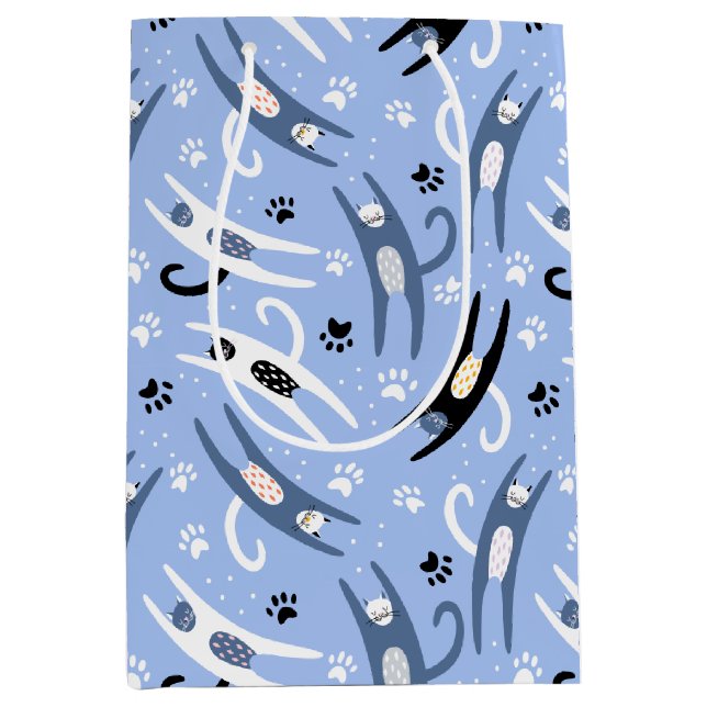 Cute Black White Blue Cartoon Cat Pattern Medium Gift Bag (Front)