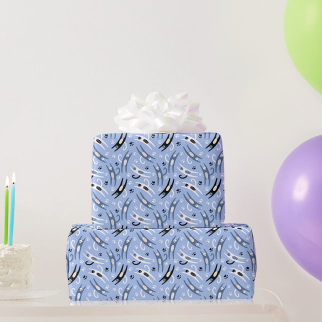 Cute Black White Blue Cartoon Cat Pattern Wrapping Paper (Party Gifts)